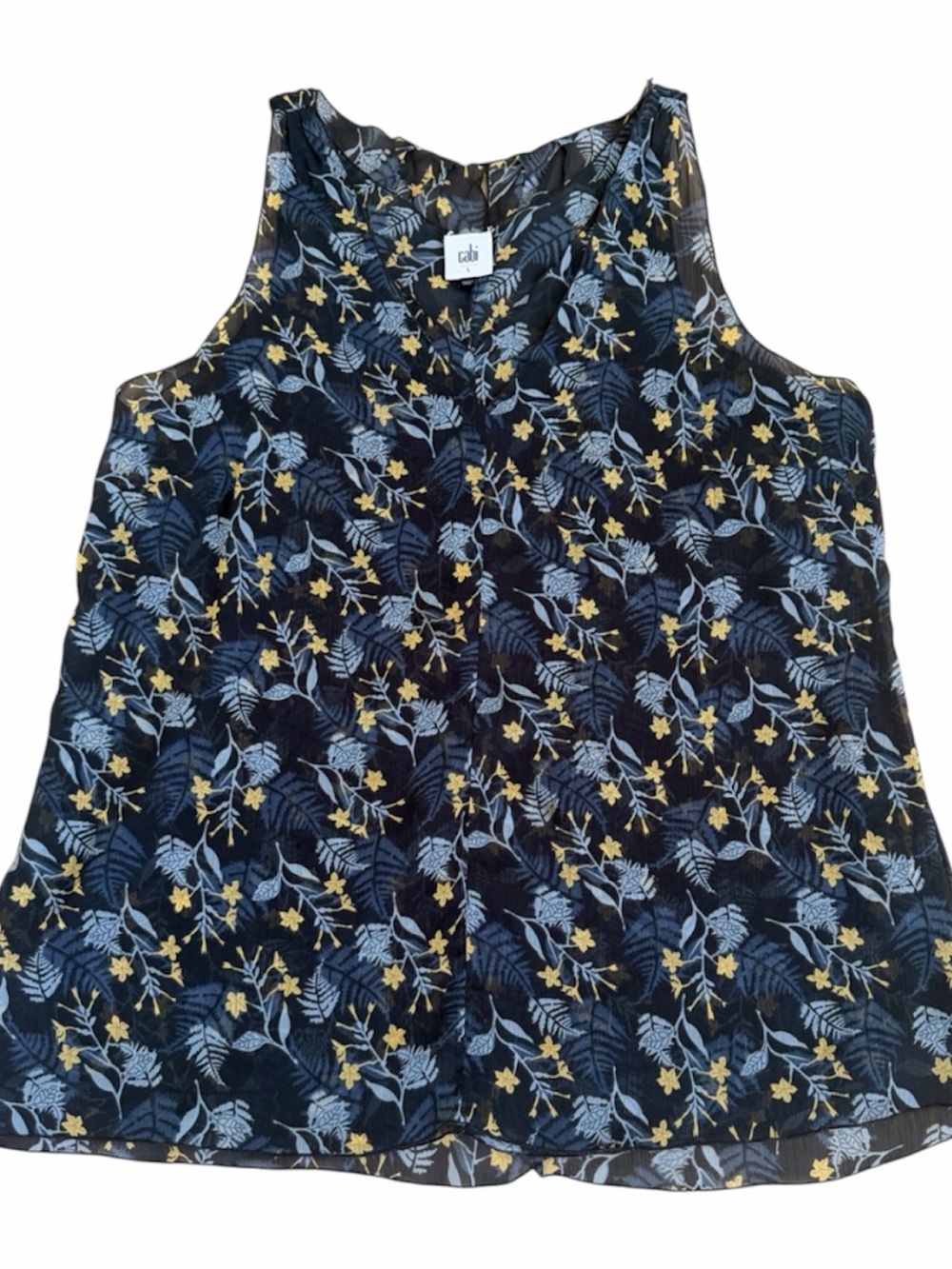 CAbi Black Floral Sheer Camisole with Blue Leaves and Yellow Flowers size L